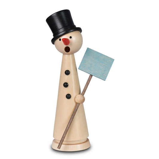 KWO Räuchermann Schneemann Herbert natur (15 cm) aus naturbelassenem Holz mit schwarzem Zylinder, roter Nase und blauem Schild, handgefertigt im Erzgebirge.