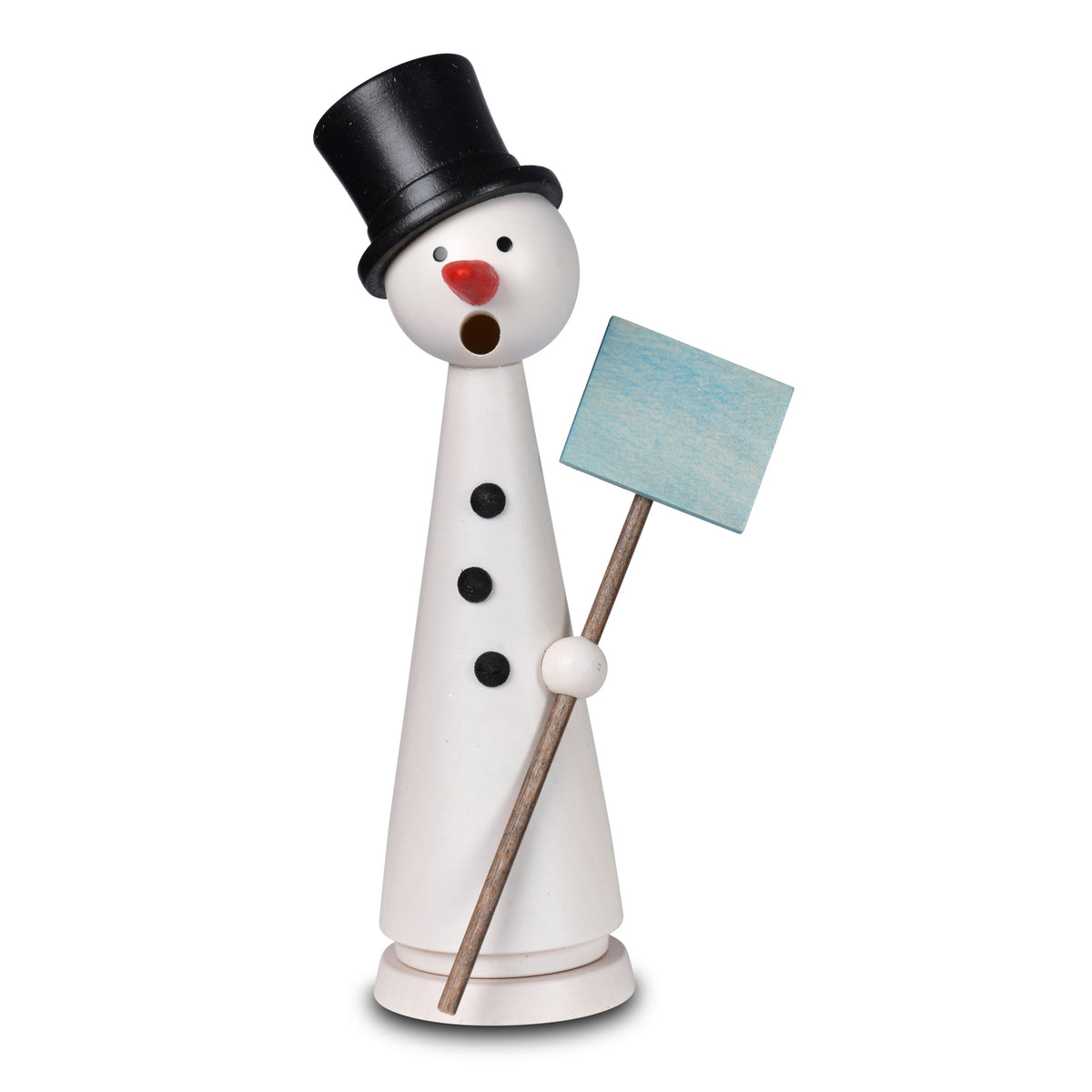 Ein weißer Räuchermann in Form eines Schneemannes mit schwarzem Zylinder, roter Nase und einem leeren blauen Schild in der Hand.