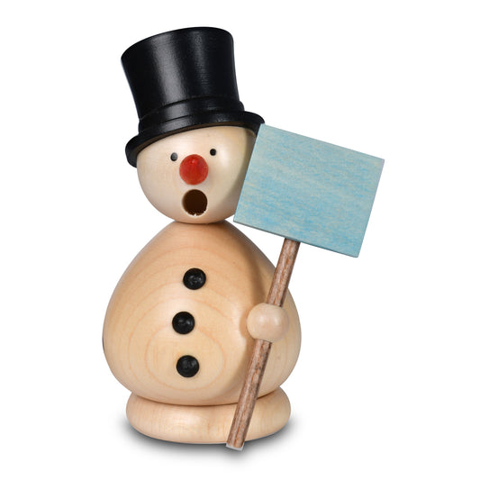 KWO Räuchermann Schneemann Günther natur aus Holz mit schwarzem Zylinder, orangener Nase und hellblauem Schild – Handarbeit aus dem Erzgebirge