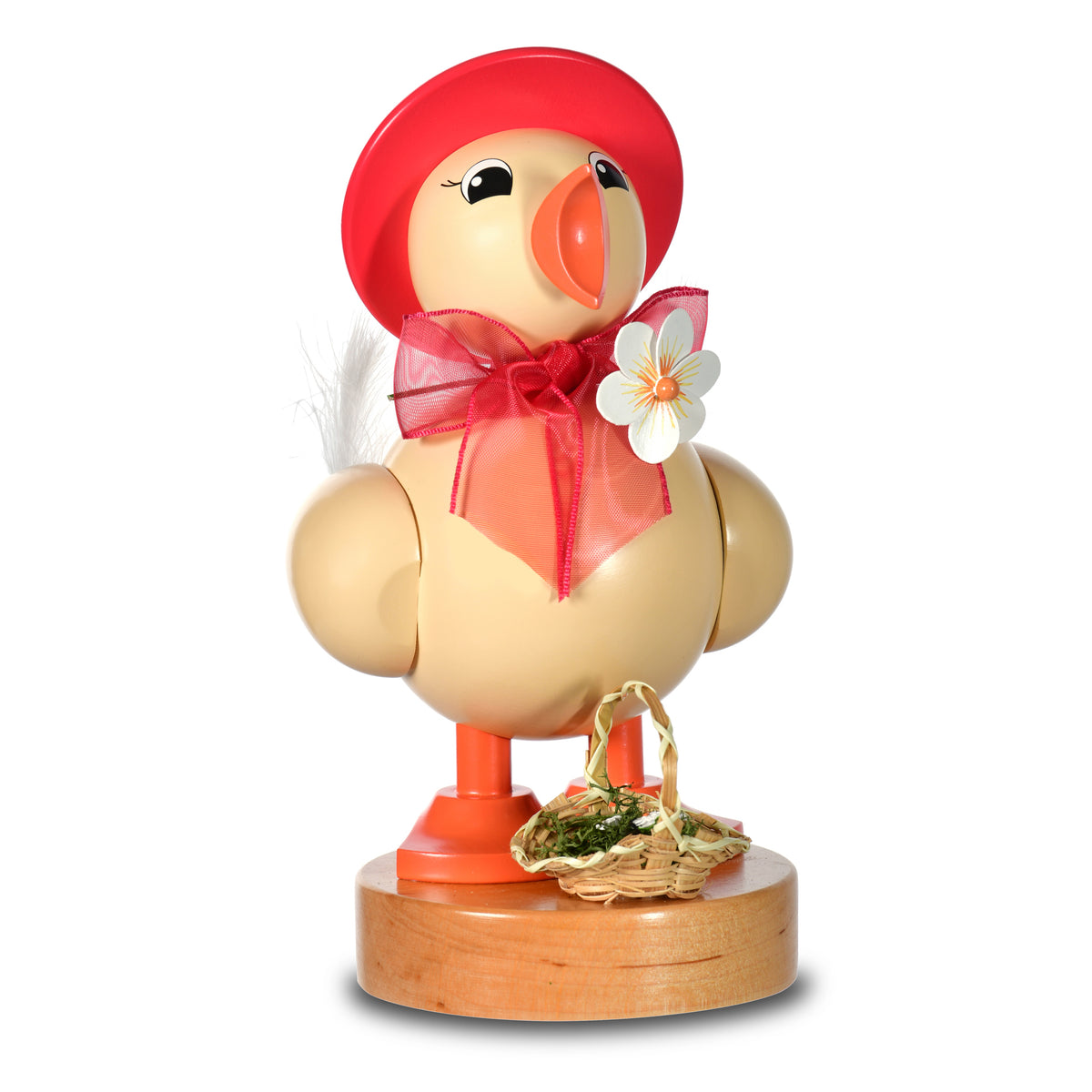 KWO Frühlingsküken mit rotem Hut Art. 42126 aus Holz – Erzgebirge Osterdekoration