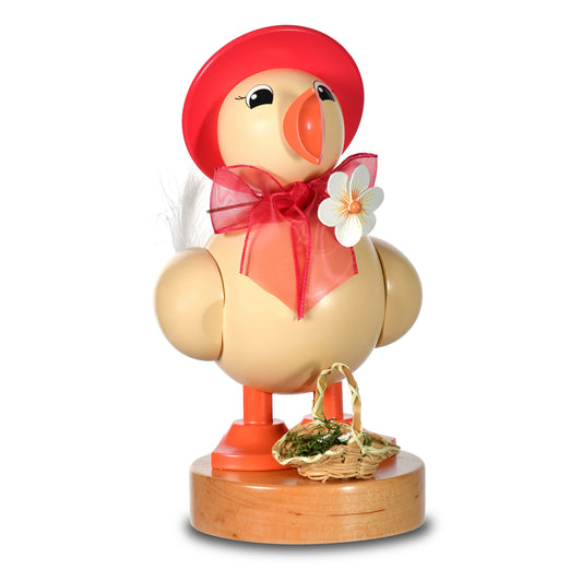 KWO Frühlingsküken mit rotem Hut Art. 42126 aus Holz – Erzgebirge Osterdekoration