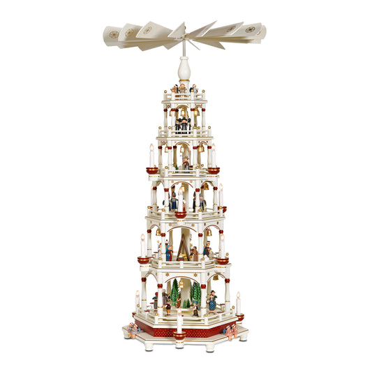 Große elektrische KWO Weihnachtspyramide 106 cm hoch in Weiß und Bordeaux, traditionelle Holzkunst aus dem Erzgebirge.