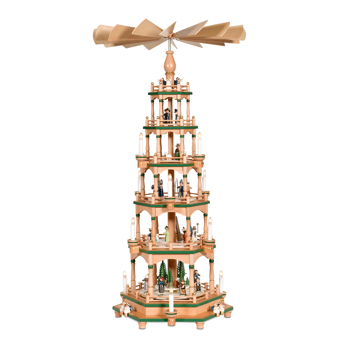 Elektrische KWO Weihnachtspyramide 106 cm hoch in Natur und Grün mit handbemalten Figuren Art. 70059