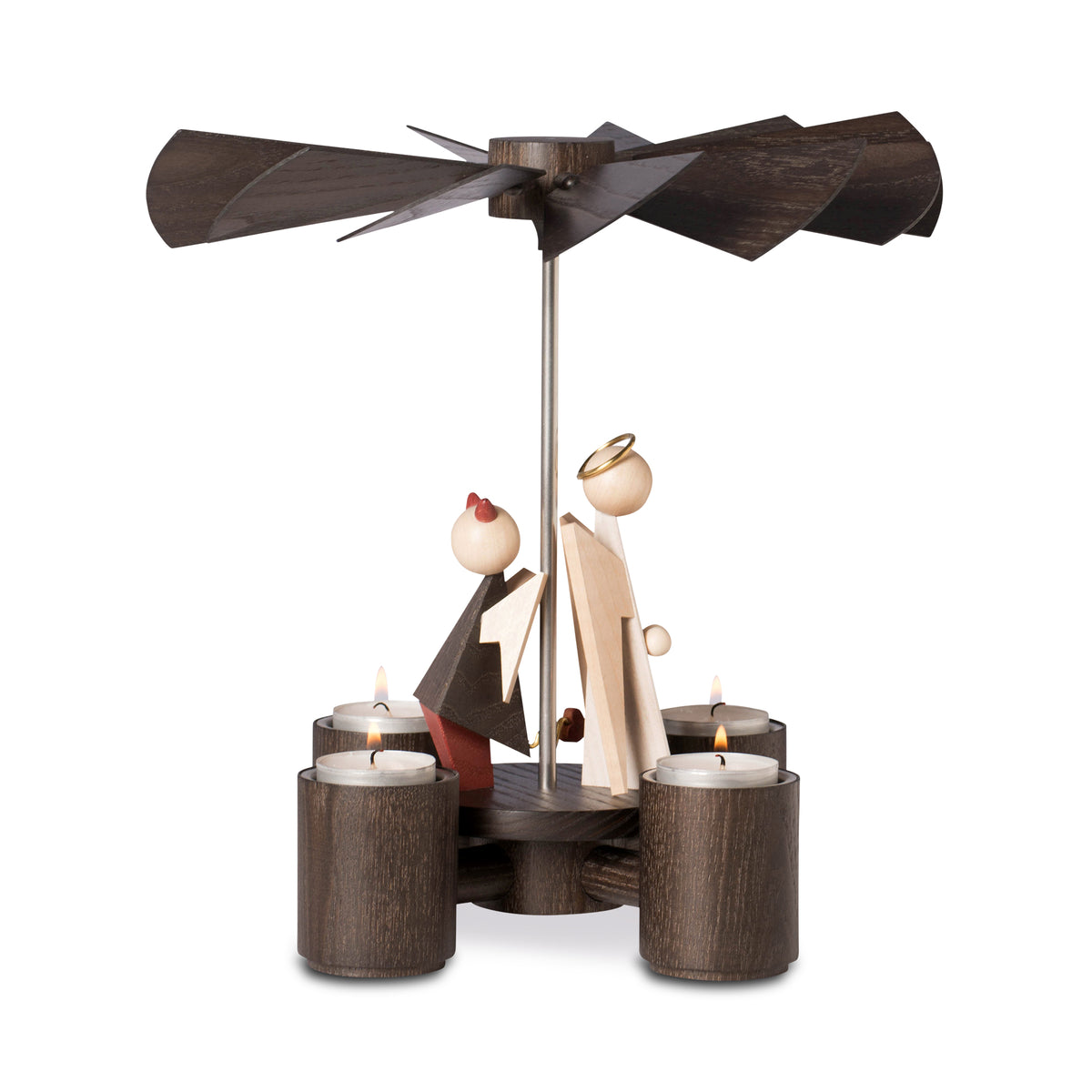Moderne KWO Holzpyramide Engelchen und Teufelchen aus der Serie Tradition und Moderne, Betrieb mit Teelichtern.