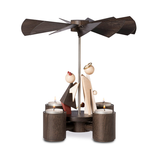 Moderne KWO Holzpyramide Engelchen und Teufelchen aus der Serie Tradition und Moderne, Betrieb mit Teelichtern.