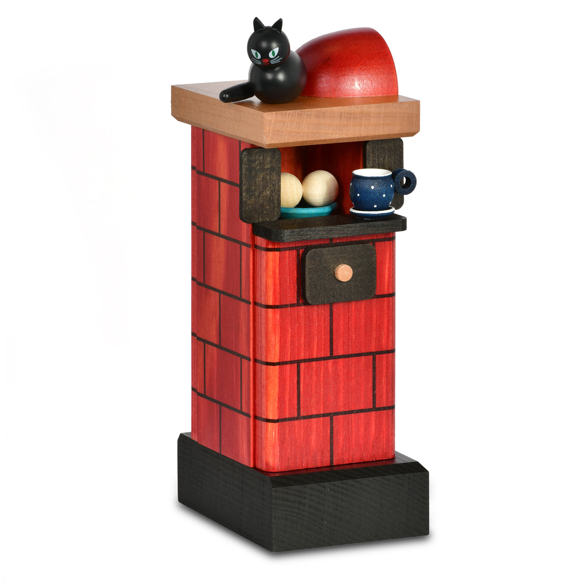 KWO Kachelofen rot rauchend Art. 75804 aus Holz aus dem Erzgebirge mit schwarzer Katze und Kaffeetasse