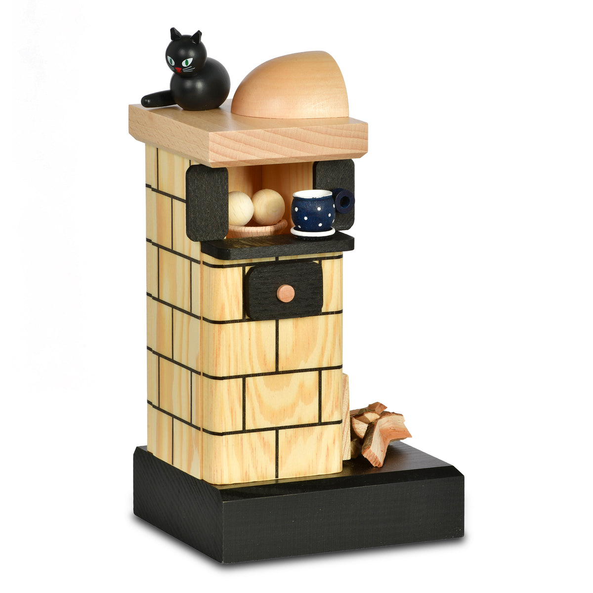 KWO Räuchermann Kachelofen natur mit  schwarzer Katze und blau-weißer Tasse - Art. 75807 Erzgebirge