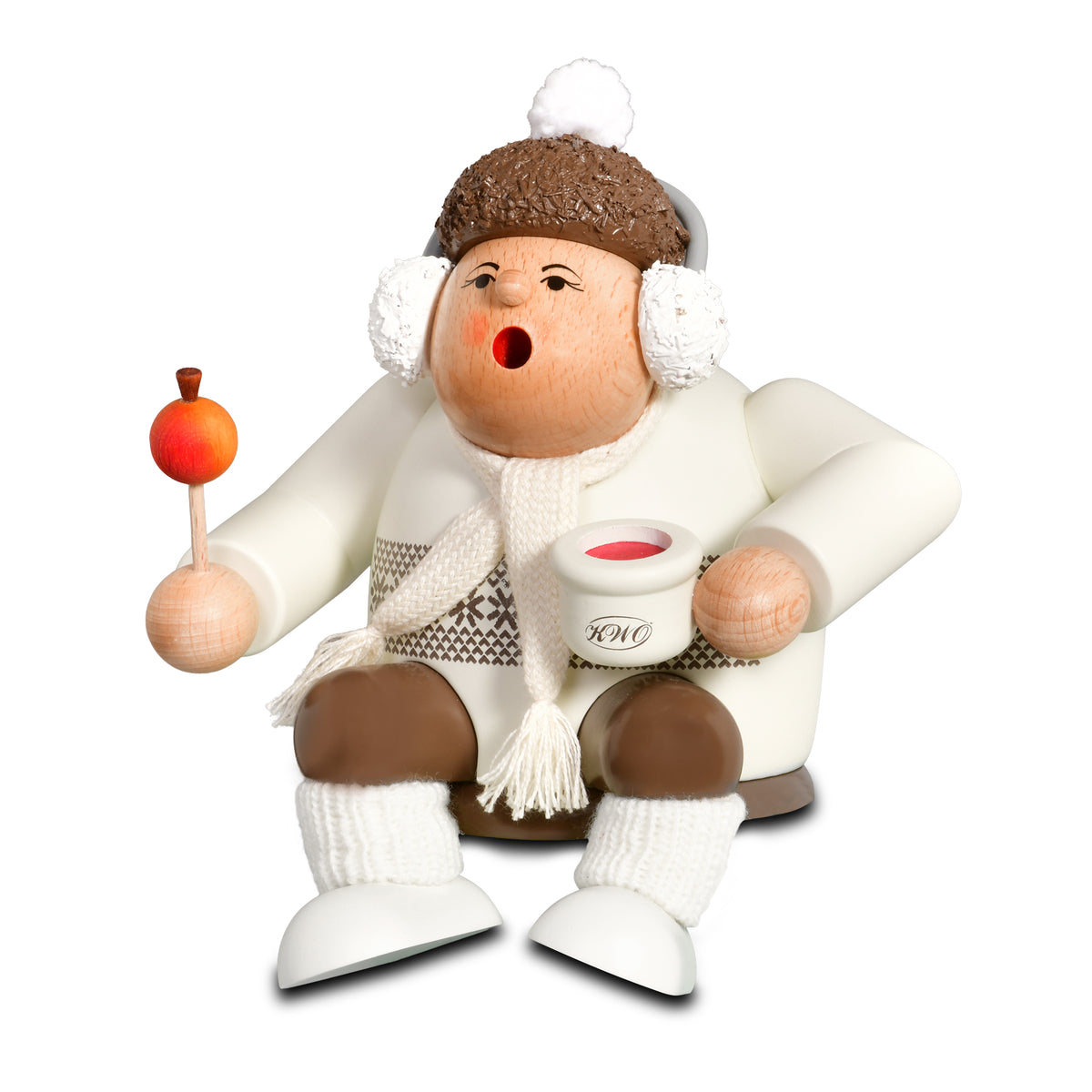 Räuchermann Kantenhocher Weihnachtsmarktbesucherin passend für Eisenbahnwagen, 15 cm von KWO, Serie Die Dicken, Art. 21323, Ansicht 3