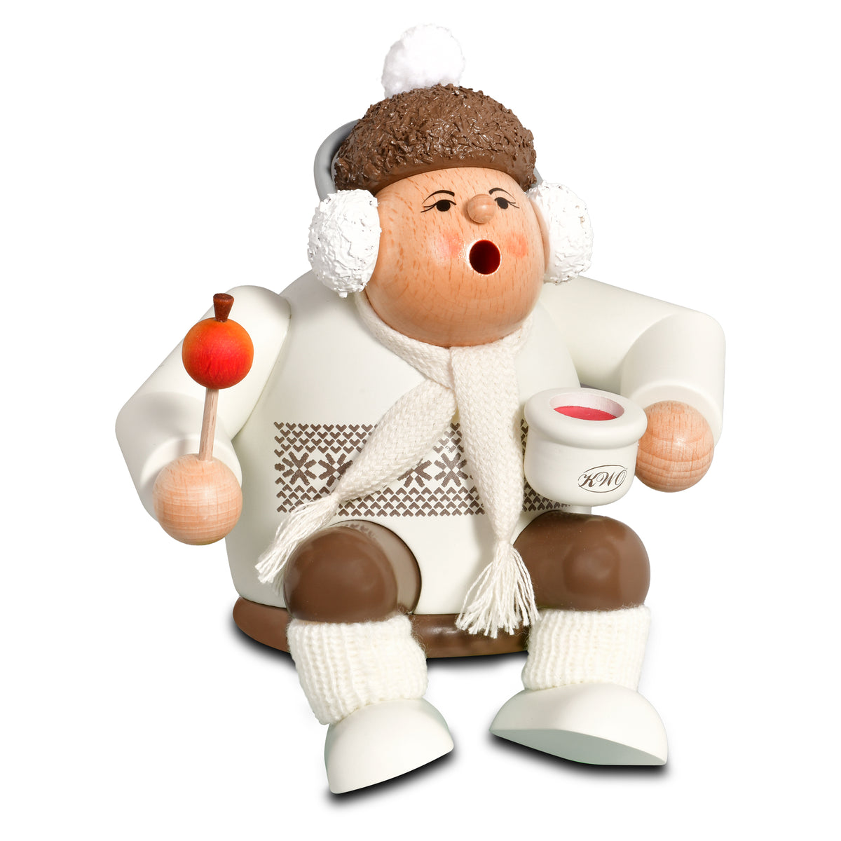 Räuchermann Kantenhocher Weihnachtsmarktbesucherin passend für Eisenbahnwagen, 15 cm von KWO, Serie Die Dicken, Art. 21323, Ansicht 2